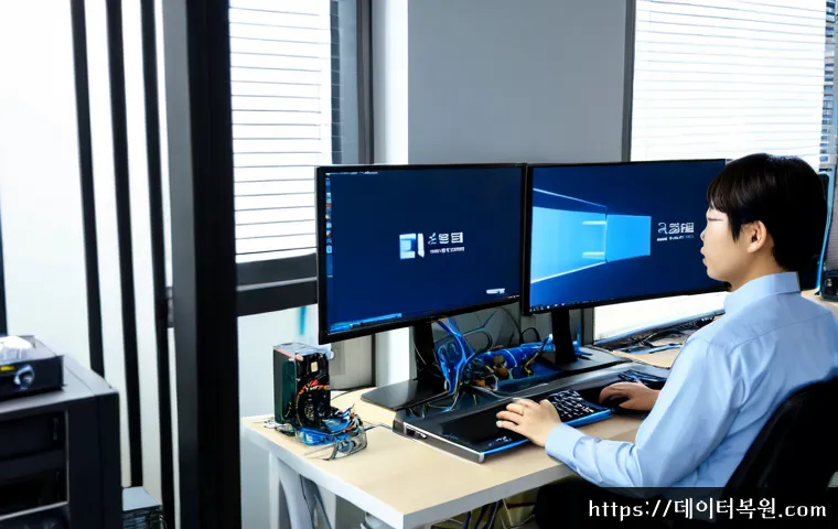 충정로 ACPI_BIOS_ERROR - Photorealistic IT support workstation in a compact Chungjeong-ro office, dual monitors showing a pla...