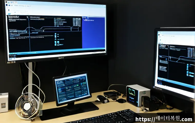 수표동 STATUS_KERNEL_MODULE_INVALID - Photorealistic IT support workstation in a compact Seoul office near an old market district, dual mo...