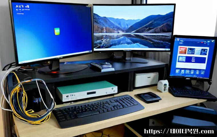 묵동 DPC_WATCHDOG_VIOLATION - Photorealistic IT support desk in a compact Muk-dong apartment study, dual-monitor workstation with ...