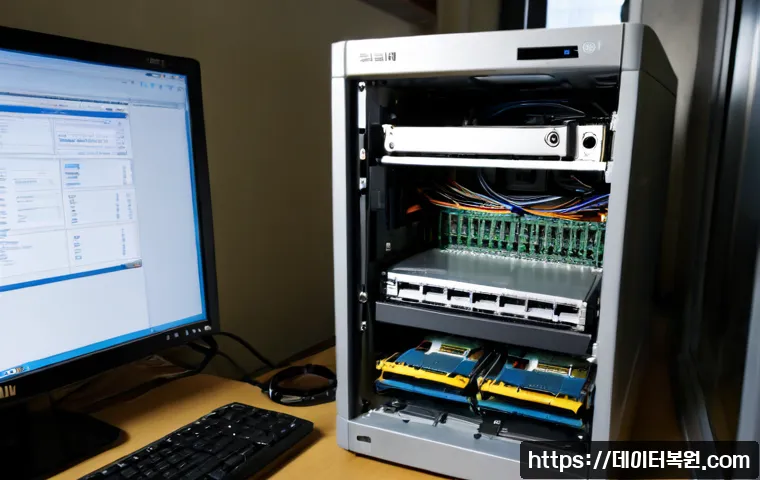화전동 FAT32_FILE_SYSTEM - Photorealistic IT repair workstation in Hwajeon-dong, close view of a technician connecting a compac...