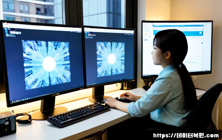 석관동 CLOCK_WATCHDOG_TIMEOUT - Photorealistic IT support workstation in a compact Seokgwan-dong office, dual monitors showing abstr...