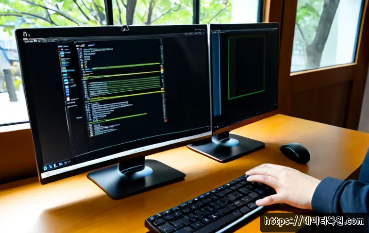 연남동 STATUS_DISK_NOT_INITIALIZED - Photorealistic IT support workstation in a compact Yeonnam-dong creative studio, dual monitors showi...