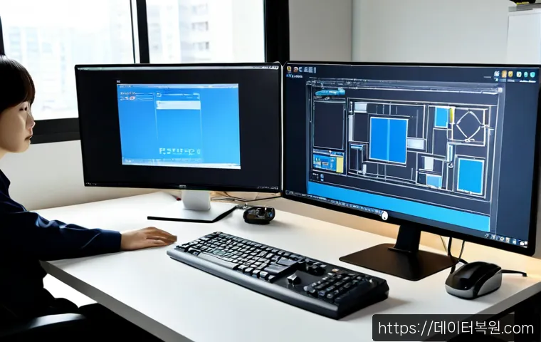 전농동 STATUS_INVALID_CALLER - Photorealistic IT support workstation in a compact Jeonnong-dong office, dual monitors showing a cle...