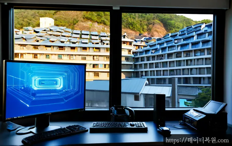 이화동 STATUS_KERNEL_HEAP_CORRUPTION - Photorealistic computer repair workstation in a compact hillside studio, ultrawide monitor showing a...