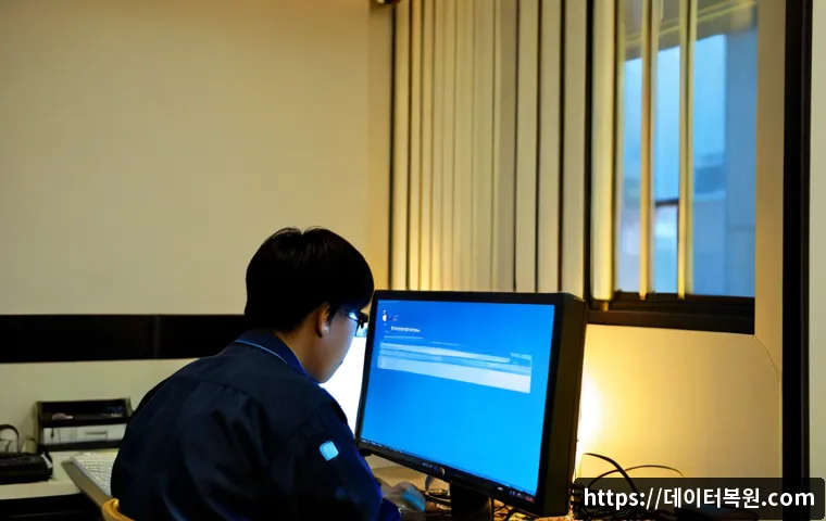 문배동 NDIS_INTERNAL_ERROR - Photorealistic IT support workstation in a compact Mubae-dong office, desktop monitor showing a blan...
