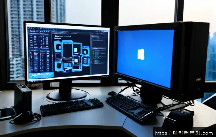 신내동 pc에 문제가 발생하여 다시 시작해야 합니다 - Photorealistic PC repair workstation in a Sindae-dong apartment home office, desktop monitor glowing...