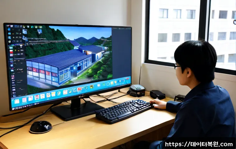 등촌동 자동복구 - Photorealistic IT support workstation in Deungchon-dong, a desktop monitor showing a clean generic C...