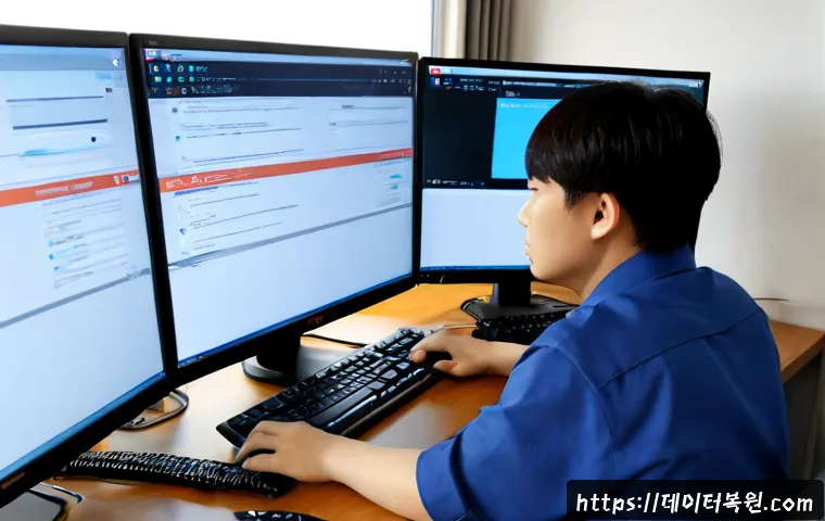 흥도동 REGISTRY_ERROR - Photorealistic remote IT support workstation in a compact Heungdo-dong office, dual monitors showing...