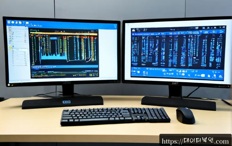 역삼동 KERNEL_SECURITY_CHECK_FAILURE - Photorealistic IT support workstation in a modern Gangnam office, dual monitors showing a non-readab...