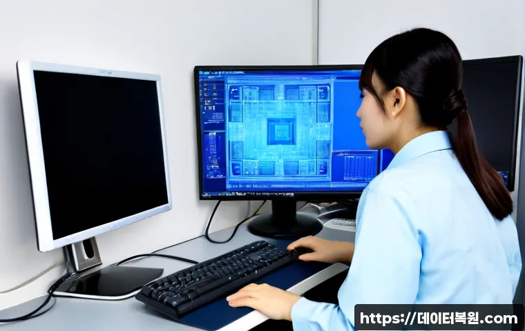 오곡동 STATUS_KERNEL_DEBUG_FAILURE - Photorealistic IT support workstation in Ogok-dong, Seoul, dual monitors showing a frozen abstract b...