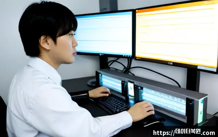 능동 INVALID_KERNEL_HANDLE - Photorealistic IT technician at a dual-monitor workstation, actively troubleshooting a desktop syste...