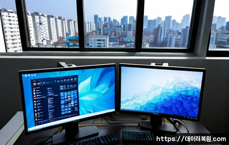 갈월동 STATUS_KERNEL_THREAD_FAILURE - Photorealistic IT support workstation in a compact Gallyeol-dong office, dual monitors showing a fro...