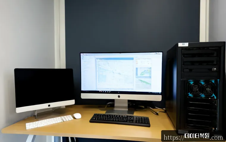 사리현동 CLOCK_WATCHDOG_TIMEOUT - Photorealistic IT support workstation in a quiet Sarihyeon-dong office, dual monitors frozen on abst...
