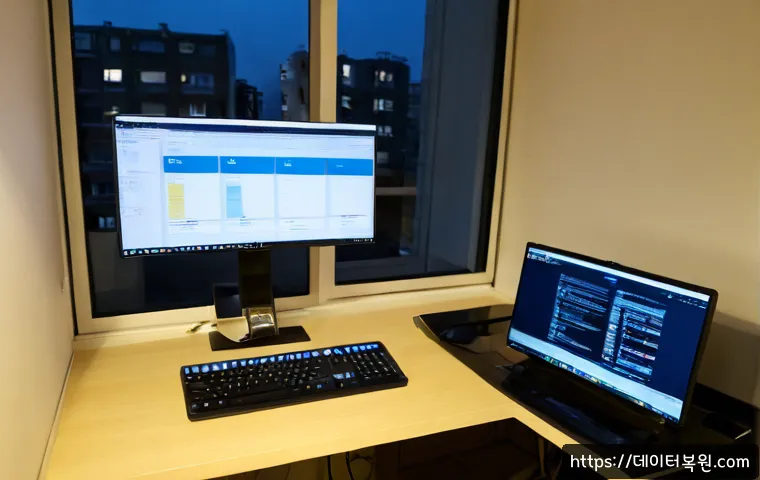 삼전동 STATUS_FILE_INVALID - Photorealistic remote-support workstation in a compact Seoul apartment office, dual monitors showing...