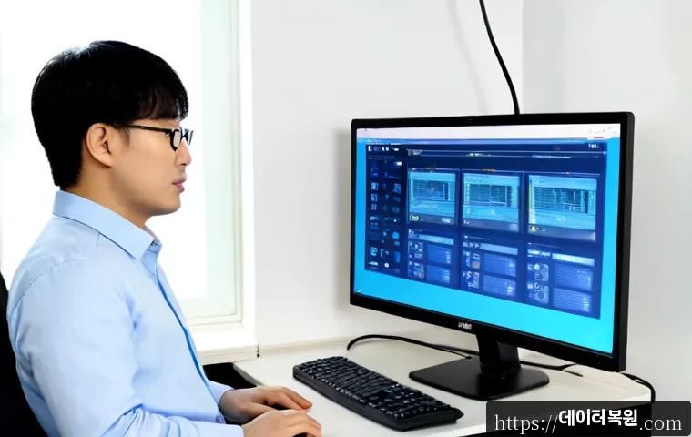 하중동 STATUS_KERNEL_LOG_FAILURE - Photorealistic IT support workstation in a modern office near a quiet Korean suburban district, tech...