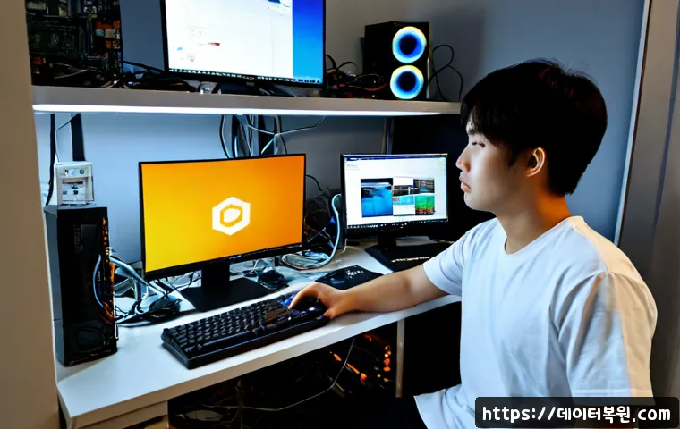 서교동 본체 꺼졌다 켜졌다 할때 - Photorealistic PC repair workstation in a compact Hongdae-area design studio, desktop tower repeated...
