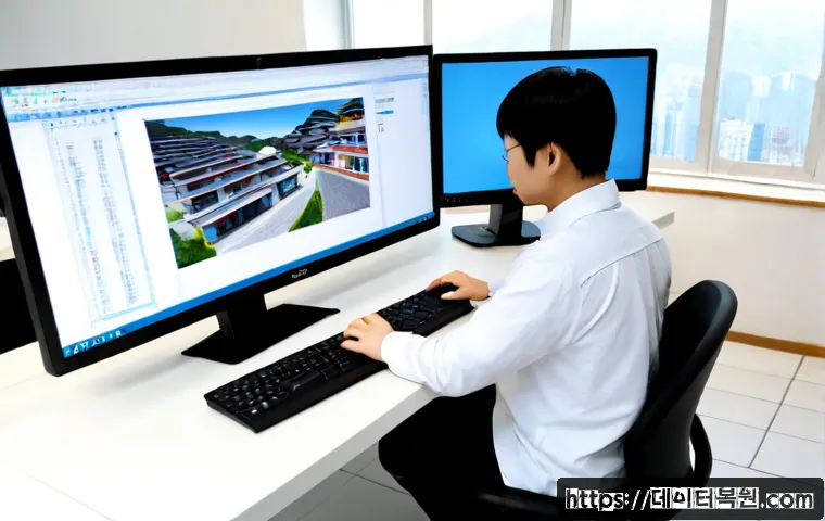 통의동 STATUS_IMAGE_INVALID - Photorealistic remote support workstation in a quiet Tongui-dong design studio, technician using dua...