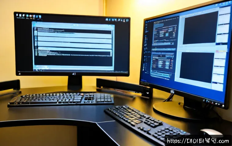 창전동 STATUS_DISK_NOT_INITIALIZED - Photorealistic IT support workstation in Changjeon-dong, Seoul, dual monitors showing a clean disk m...