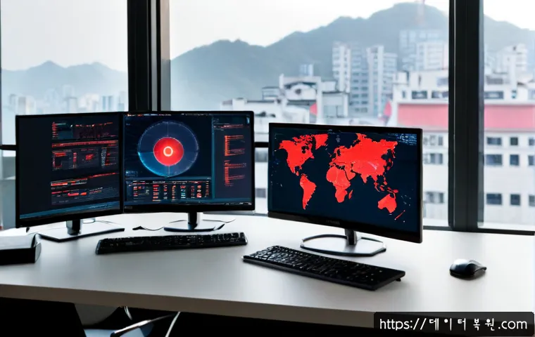 체부동 악성코드 바이러스 - Photorealistic cybersecurity workstation in a compact Seoul neighborhood office, dual monitors showi...