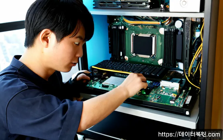 북한동 그래픽카드조립 및 교체수리 - Photorealistic computer repair workstation in Bukhan-dong, a technician carefully installing a high-...
