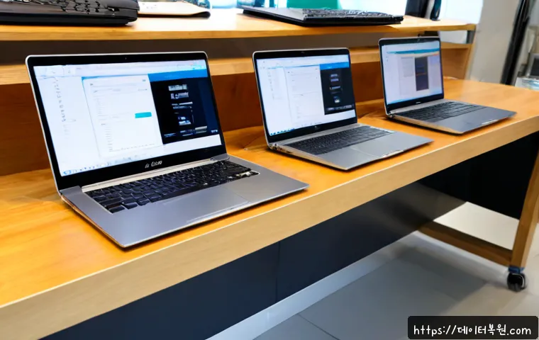 양재동 맥북프로 판매 및 수리 - Photorealistic premium laptop sales counter in a quiet Yangjae-dong electronics workshop, sleek silv...