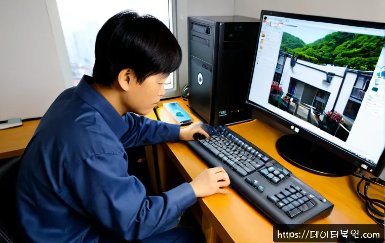 인현동 프리도스 윈도우설치 - Photorealistic compact PC repair workstation in Inhyeon-dong, a technician installing an operating s...