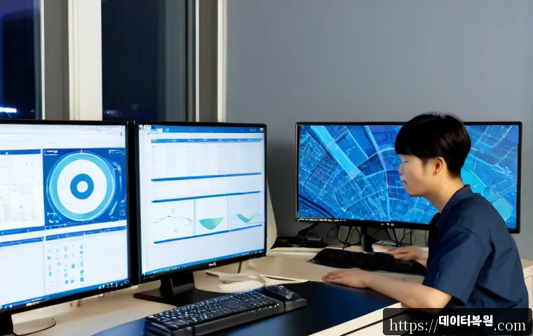 원효로 STATUS_KERNEL_DATA_CORRUPTION - Photorealistic IT support workstation in a compact Wonhyo-ro office, dual monitors showing abstract ...