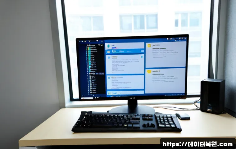 연지동 STATUS_FILE_LOCK_CONFLICT - Photorealistic remote-support workstation in a compact Yeonji-dong office, dual monitors displaying ...