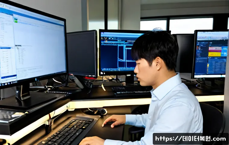 서초구 DRIVER_CAUSED_SYSTEM_CRASH - Photorealistic premium workstation in a Seocho business-district office, dual monitors abruptly froz...