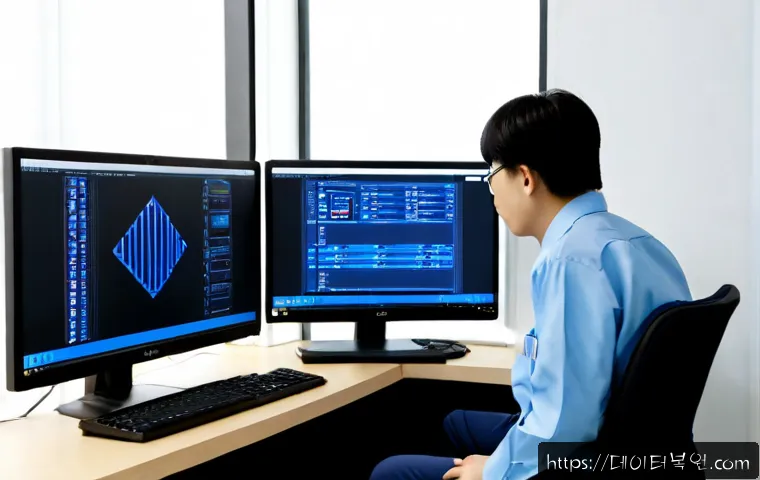 입정동 STATUS_KERNEL_FILE_SYSTEM_ERROR - Photorealistic IT support workstation in an older mixed-use Seoul neighborhood office, dual monitors...