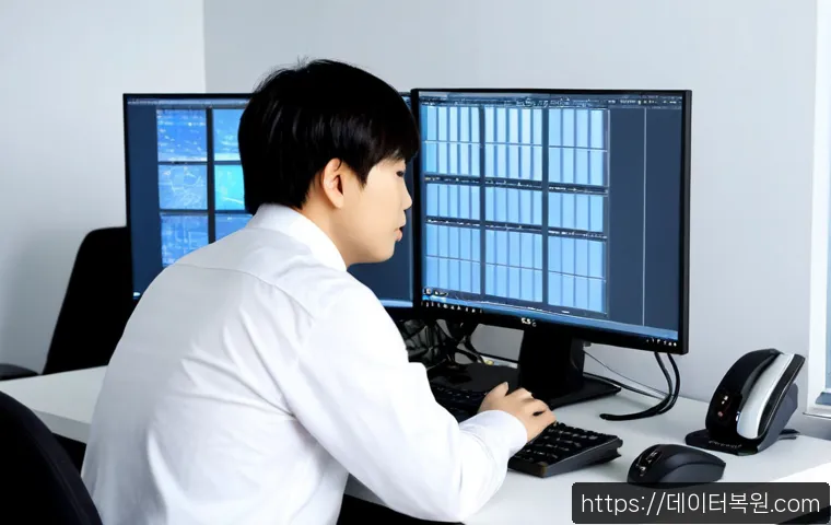 북면 컴퓨터멈춤 - Photorealistic IT support scene in a quiet Northmyeon-style office, an architect at a dual-monitor w...