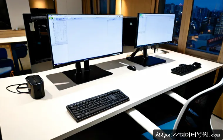 서강동 절전모드 - Photorealistic compact office workstation in Seogang-dong at dusk, dual monitors showing a blank arc...