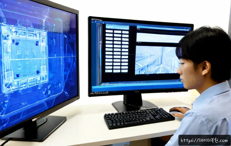 답십리동 SYSTEM_THREAD_EXCEPTION_NOT_HANDLED - Photorealistic IT support workstation in Dapsimni-dong, Seoul, dual monitors showing a frozen abstra...