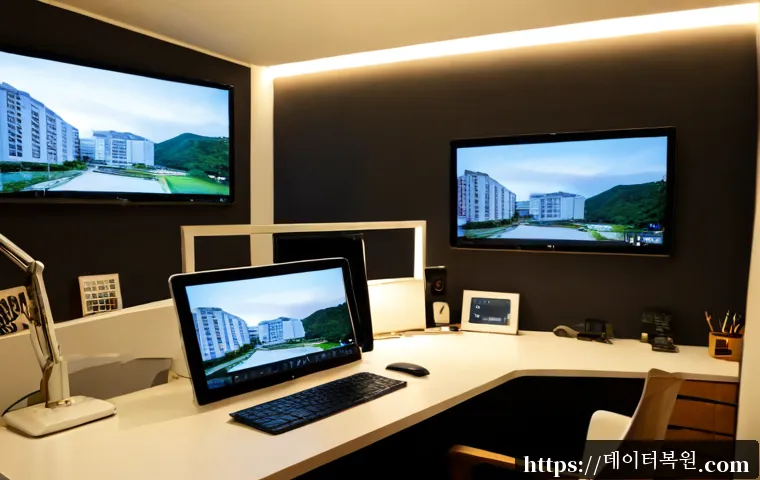 한남동 절전모드 - Photorealistic compact design studio in Hannam-dong at dusk, ultrawide monitor showing a clean unbra...