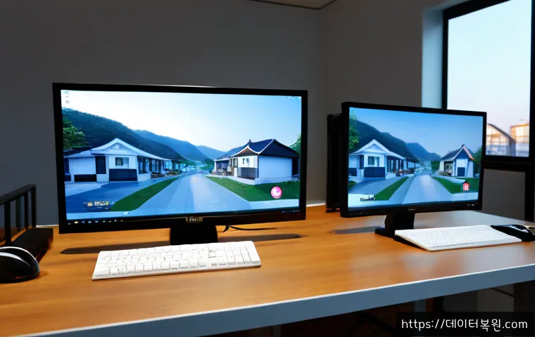산황동 STATUS_IMAGE_INVALID - Photorealistic architectural visualization workstation in a quiet Korean suburban studio, dual monit...