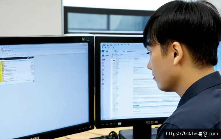 서소문동 신호없음 - Photorealistic Seoul office workstation near Seosomun-dong, frustrated remote support technician exa...