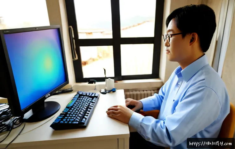 중부면 pc복구중 - Photorealistic computer repair workstation in a quiet semi-rural Korean township, technician restori...