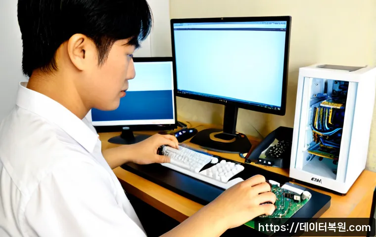 가리봉 STATUS_KERNEL_UNSUPPORTED_DEVICE - Photorealistic remote-support workstation in a compact Garibong-style electronics repair office, tec...