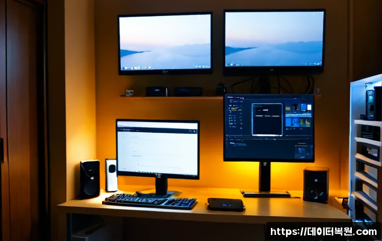 묵동 해놀로지 xpenology 구축 - Photorealistic compact home office in Muk-dong, a quiet apartment workstation with a custom NAS towe...