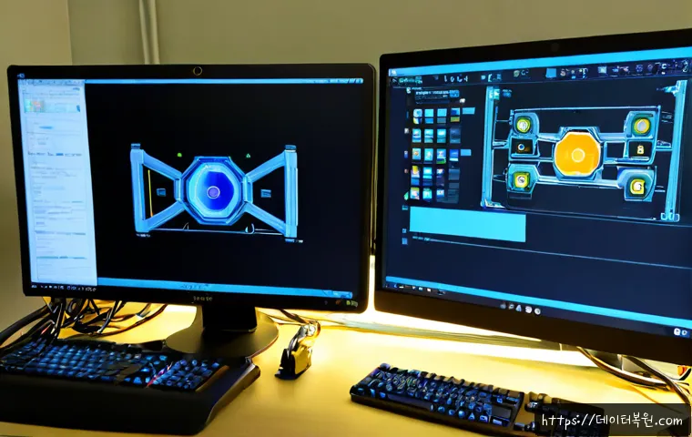 장사동 STATUS_KERNEL_MODULE_INVALID - Photorealistic IT support workstation in a compact Jangsa-dong office, dual monitors showing a clean...