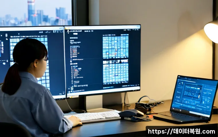 인현동 STATUS_MODULE_CORRUPTION - Photorealistic remote IT support workstation in a compact Inhyeon-dong office, dual monitors display...