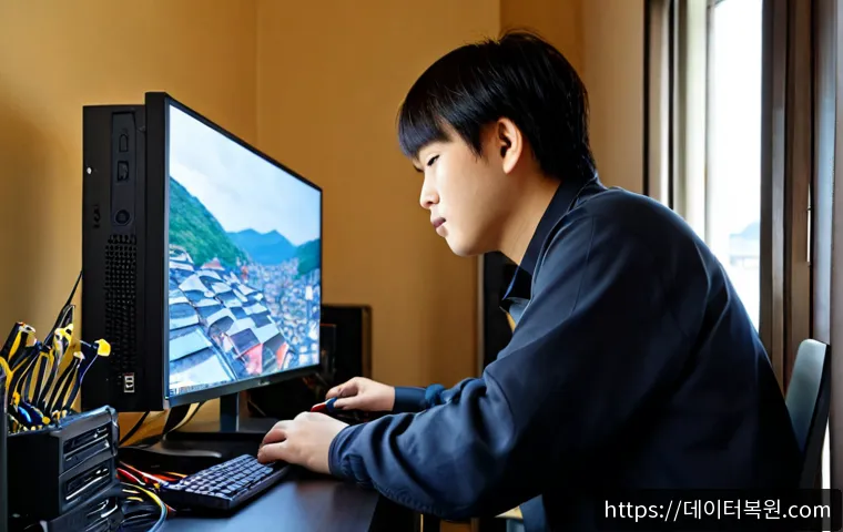 행촌동 프리도스 윈도우설치 - Photorealistic compact PC repair workstation in a quiet Hwangchon-dong hillside apartment, technicia...