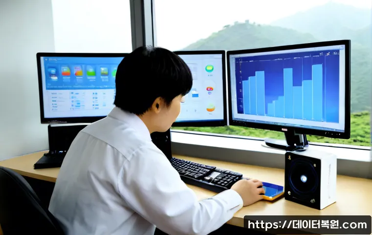 홍지동 HARDWARE_INTERRUPT_STORM - Photorealistic IT support workstation in a compact hillside apartment office, dual monitors showing ...