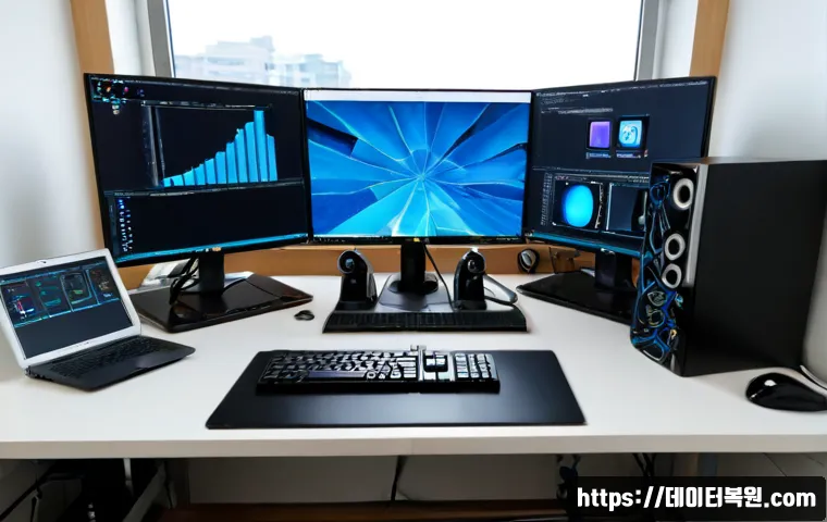 용강동 WIN32K_POWER_WATCHDOG_TIMEOUT - Photorealistic IT workstation in a compact Yonggang-dong office, dual monitors showing a frozen abst...