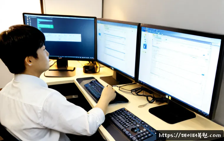 석관동 SESSION5_INITIALIZATION_FAILED - Photorealistic IT support workstation in a compact Seokgwan-dong office, dual monitors showing a bla...