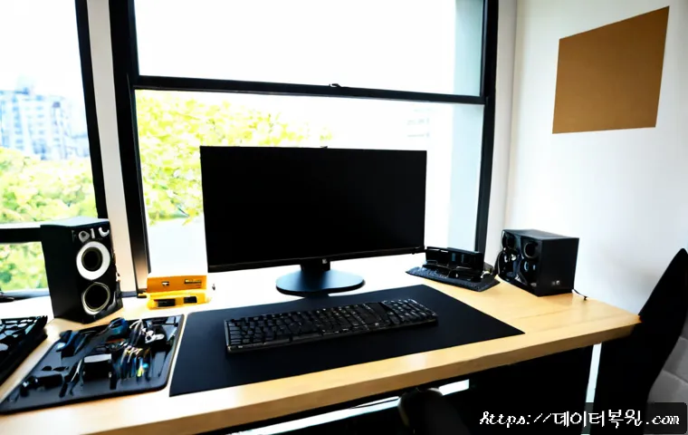 홍익동 pc복구중 - Photorealistic PC recovery workstation in a compact creative studio near a university arts district,...