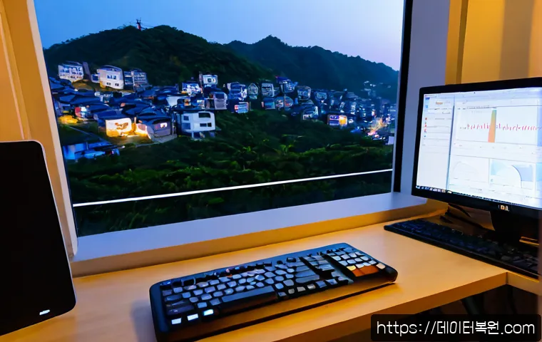 후암동 절전모드 - Photorealistic remote-support workstation in a compact Huam-dong hillside apartment, desktop monitor...