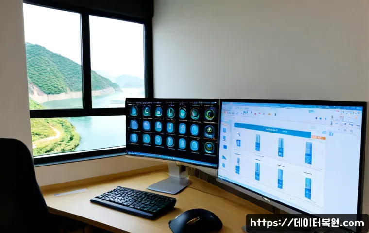 옥수동 STATUS_KERNEL_MEMORY_LEAK - Photorealistic IT support workstation in a modern Oksu-dong apartment office, dual monitors showing ...