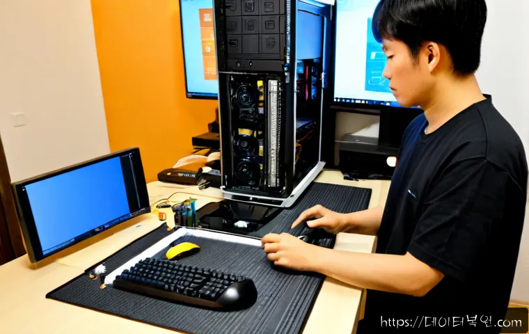 신길동 그래픽카드조립 및 교체수리 - Photorealistic PC repair workstation in a compact Singil-dong apartment home office, technician care...