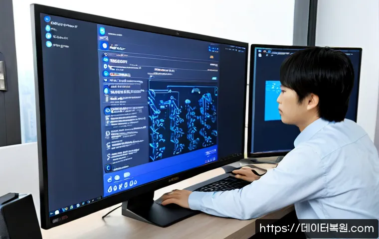 개포동 STATUS_KERNEL_CONFIGURATION_ERROR - Photorealistic IT support workstation in a modern Gaepo-dong apartment office, dual monitors showing...